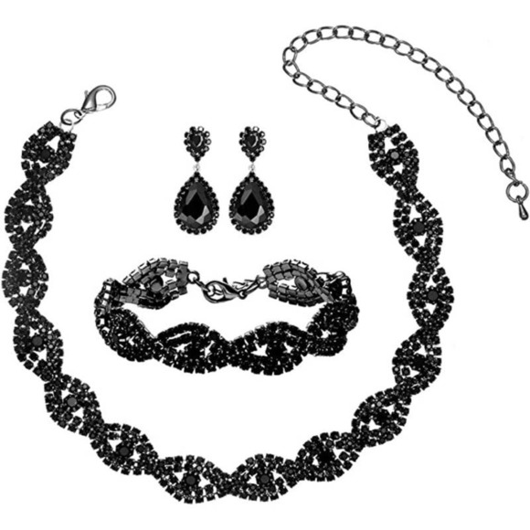 #48 Black Rhinestone Necklace Bracelet Earrings Handbag Crystal Necklace Set - Picture 3 of 7